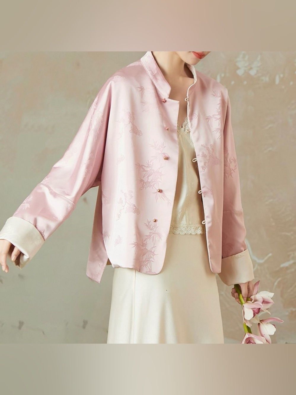 Embroidered Reversible Silk Chinese Jacket Pink Ivory Floral double side